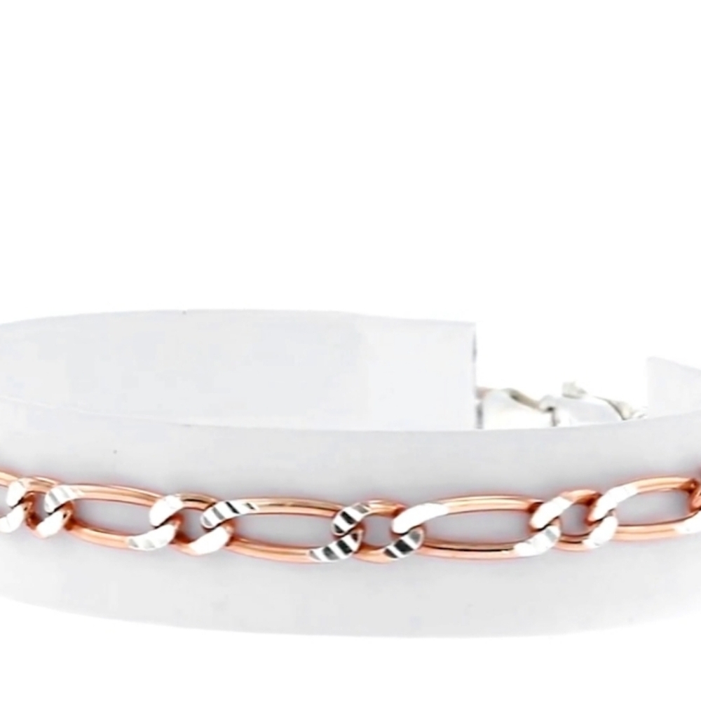 Ross Simons Diamond Cut Sterling Silver Rose Gold Figaro Bracelet - Picture 6 of 7